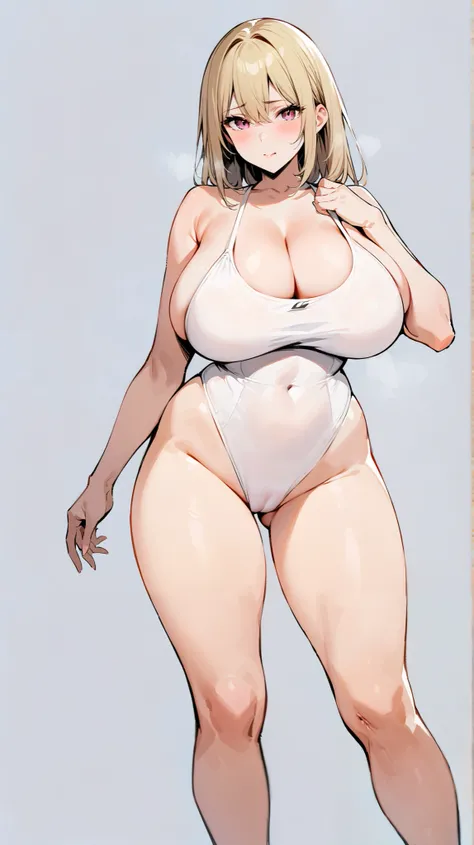 ( Masterpiece,  best quality :1.2),  white one-piece swimsuit ， big boobs,l-shaped cleavage,，, Standing_,both Standing ，, whole body,super camel toe, no background ，