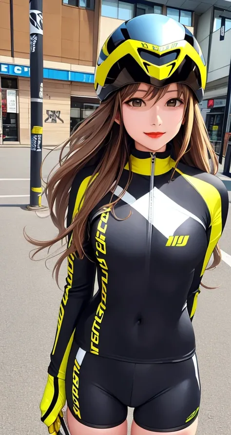 woman is smile, long hair brown, helmet normal, she is solo, from alternative world ,best quality, realistic, cycling yellow and black color suit and cycling sports shorts, she is stand , red lipstick,