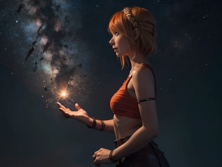 Astrid,  short hair ,  orange hair, Red bra,  slim body breasts,  small bust,  in profile,  Full body , short,  black tights ,  starry sky, milky way