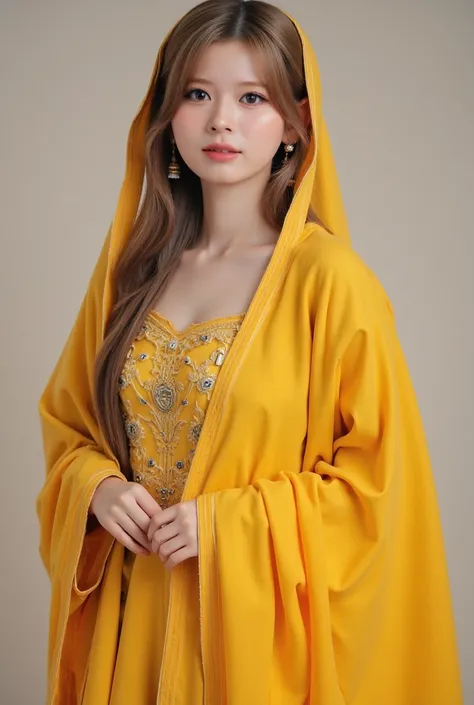 Beautiful Korean girl wearing a yellow indian traditional punjabi suit with head air dupatta 