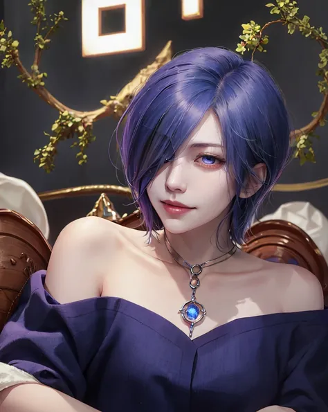 Kirishima touka,Beautiful face, white skin, a quiet smile, two lips, two calm eyes, a blue-purple eye, blue hair that tends to violet, short hair, her hair covers the left part of her face, A black interior shirt decorated with clothing decorations, a thin...