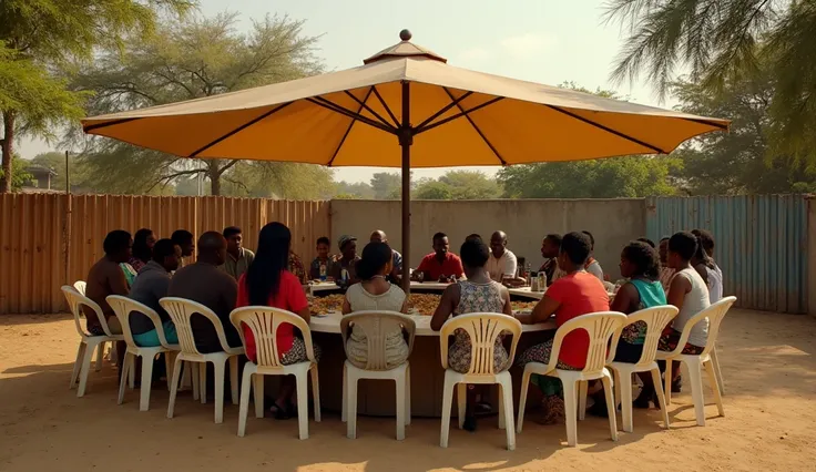 Créer une image ultra-haute définition,  photographie cinématographique qui capture l'essence d'un rassemblement communautaire africain dynamique .  La scène représente un demi-cercle d'environ 30 individus assis sous un auvent beige ,  entourée d'un cercl...