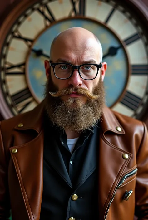 Crie uma imagem de um homem com boina newsboy bege,  brown leather jacket,  black dress shirt, big beard, bald,  White ,  blue eyes, blonde, rounded glasses , smoking,  background image with a Roman clock

