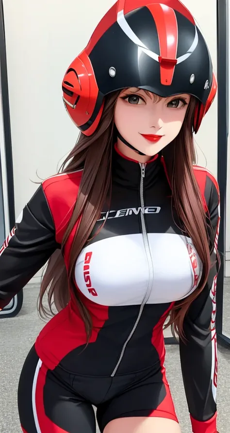 woman is smile, long hair brown, helmet normal, she is solo, from alternative world ,best quality, realistic, cycling red and black color suit and cycling sports shorts, she is stand , red lipstick,