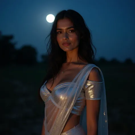 
**"A realistic and atmospheric scene of a summer night with moonlight shining on the humid face of a 25yr indian pale skin busty woman. She stands gracefully under the night sky, wearing a Short-sleeve sweet heart neck line metallic silver blouse and a tr...