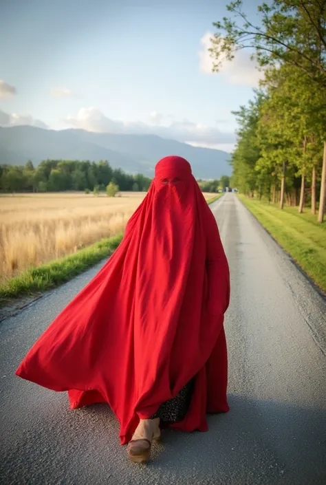 UHD, 4k, ultra detailed, cinematic, a photograph of  burqa burka a woman in a red  burqa burka walking down a road alone, burqa style, burka style, standing, outdoors, sky, pants, day, tree, sandals, mountain, field, photo background, fine art parody, full...