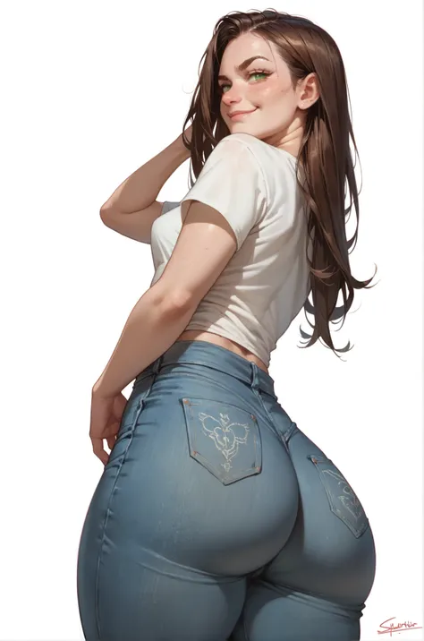 1girl, sexy, seductive, slutty, green eyes, freckles, closed mouth, smirk, brown hair, long hair, tshirt, jeans, small breast, wide hips, thighs, round ass, ass focus, from behind, white background, (cartoon style)