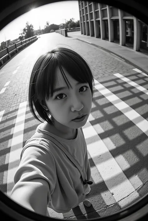 This photograph, ((taken with a fisheye lens)), creates a highly distorted and immersive perspective. The subject, a young girl with short, slightly tousled hair, stands near a pedestrian crosswalk with their head tilted back and eyes gazing intensely towa...