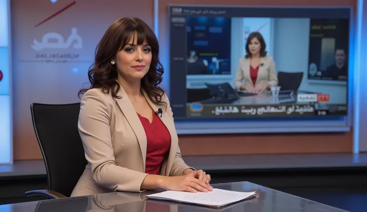  Writing  letter "Al Jazeera News", with Al Jazeera TV logo mark, left upper screen,  Side view, Full body,  left sitting on chair,  hands on table ,right big TV monitor in Al Jazeera NEWS, talking news,  female  news anchor, 1 beautiful Turkish women ,30-...