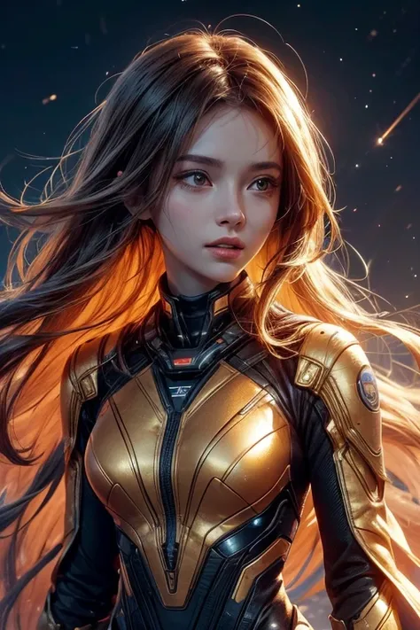 Highly detailed,digital illustration of a young female astronaut in a futuristic orange and metallic space suit. The suit is equipped with various mechanical components, tubes, and devices, blending technology with natural elements. Her long, flowing hair ...