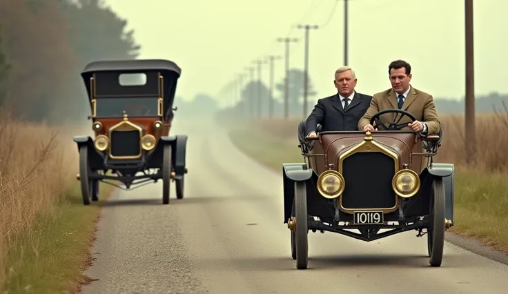 A rural road scene where a fast-moving gasoline car overtakes a slower electric car from the 1920s. The gasoline driver looks smug, while the electric car driver frowns, representing the shift in car popularity.