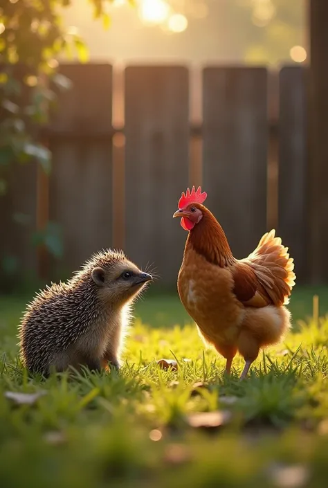 In a quiet farmyard at dawn, a hedgehog and a hen stand face to face, eyeing each other curiously. The hedgehog, its tiny feet planted firmly, bristles its spiky coat, while the hen fluffs its feathers, tilting its head in confusion. The morning light cast...