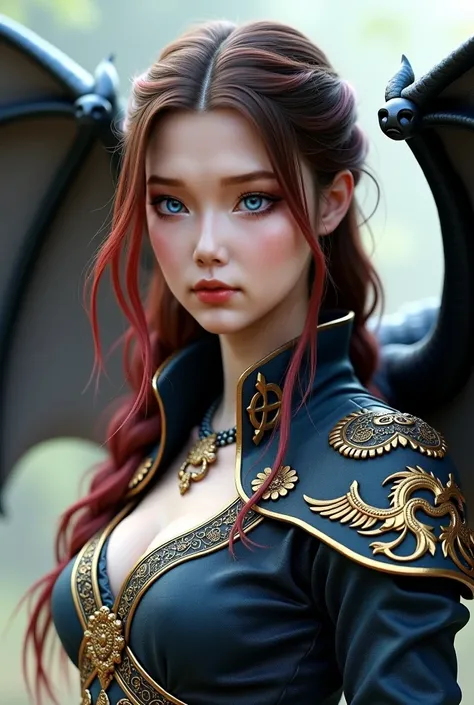 Photorealism, A beauty white-skinned princess, Medium length brown  hair with red tips. Sapphire Blue eyes, pink lips and a holy dragon behind him. Textured skins, she will have a high detail engraving ornament warrior outfit and on the chest of his outfit...