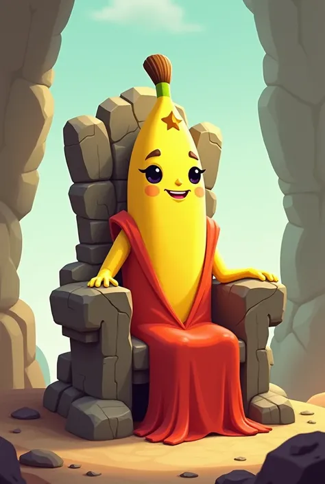  A cartonish 2D drawing of a banana gueen sitting on a rock throne, wearing a red dress