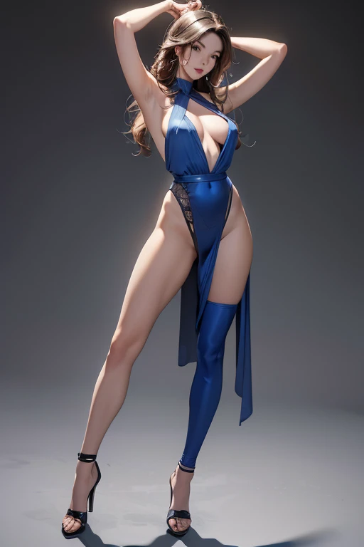 (Masterpiece, top quality, high resolution), ((highly detailed wallpaper CG unified 8K)), sexy woman in sexy blue clothes in full height, sexy pose model, sexy pose, full height, full body beauty, view from a far. Correct human anatomy. No extra arms, legs...