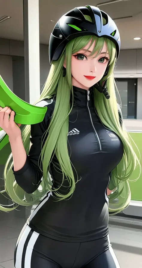 woman is smile, long hair brown, helmet normal, she is solo, from alternative world ,best quality, realistic, cycling green and black color suit and cycling sports shorts, she is stand , red lipstick,