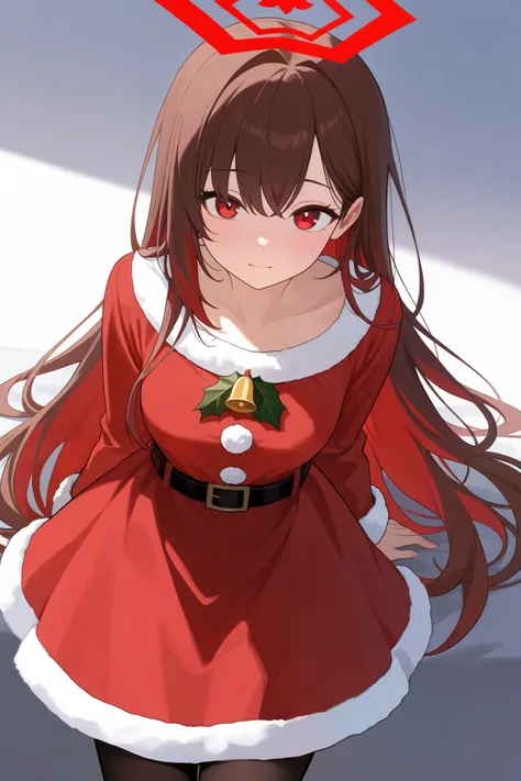 1 girl, Hair length reaches the back, Brown hair and red hair on the edges of the hair, red eyes, but not bright, wear a santa outfit, หน้าอกไซส์ปานกลาง, have a red halo