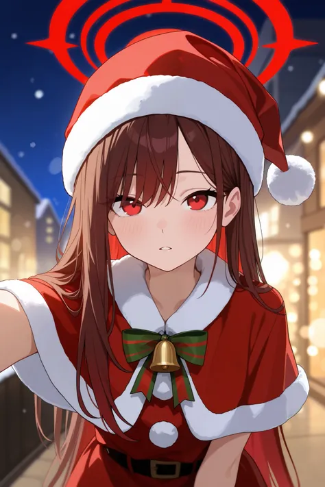 1 girl, Hair length reaches the back, Brown hair and red hair on the edges of the hair, red eyes, but not bright, wear a santa outfit, หน้าอกไซส์ปานกลาง, have a red halo