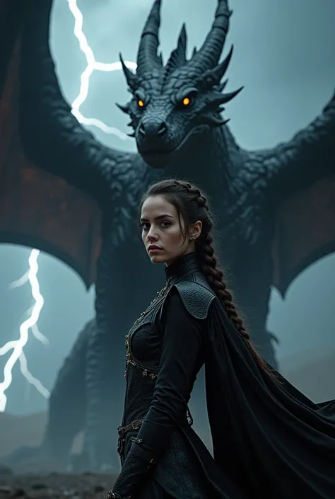 Young woman with braid and black outfit with large black dragon movie poster lightning