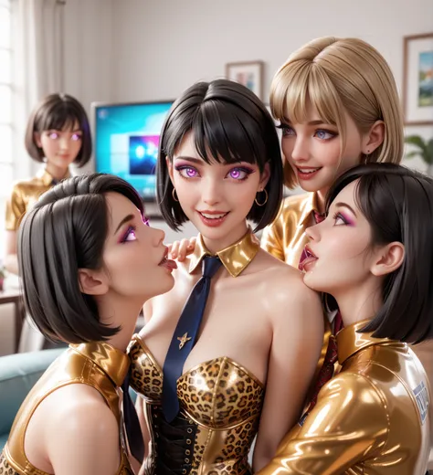 4 girls,    in extremely tight-fitting   , glittering ,  golden latex polo shirt      , bob cut,     black hair   ,  lens reflection ,     reflecting light    ,     high resolution ,     masterpiece , TV in the apartment  ,  frightened,       glowing eyes ...