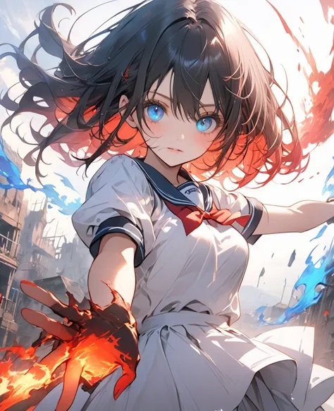  beautiful girl, high school girl, Blue Fire on Left Hand, Red Fire on Right Hand , Ruined World, beautiful eyes