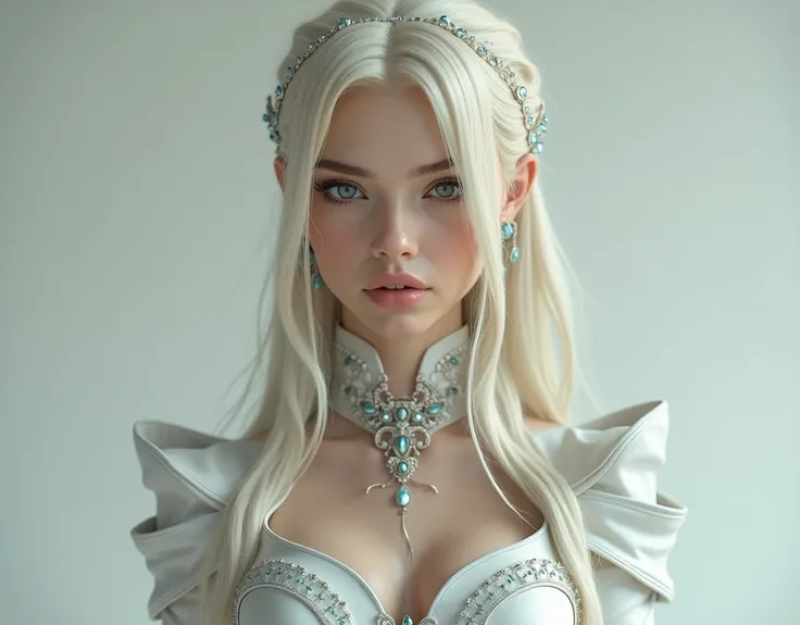 FULL, photorealistic LOOK of a beautiful 40-year-old sorceress queen with straight blond hair looking a little sideways in a white outfit with shiny blue gems and white boots,  high-quality image .