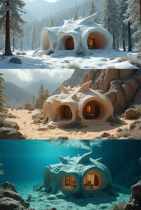 Dragon house design in winter, forest , in the desert , under water