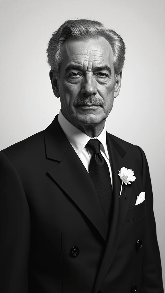 1950s . Adult Spanish king, with gray hair. In a solid suit, in black white flower