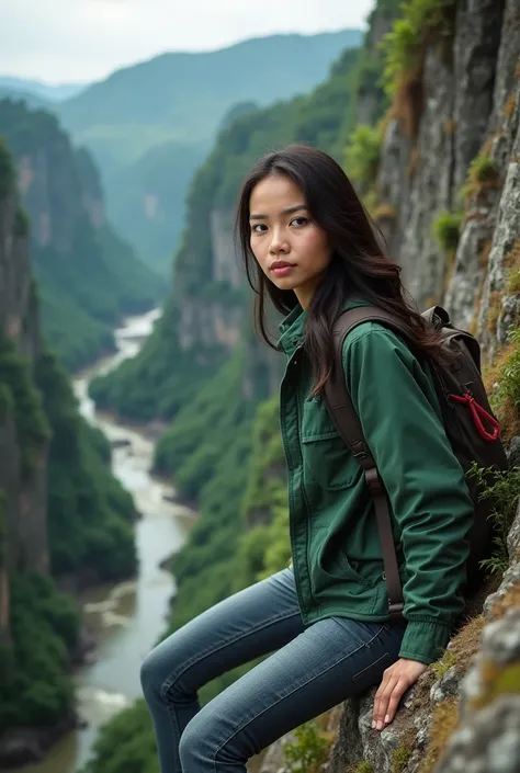 Imagine beautiful Indonesian woman twenty years old wearing green jacket long jeans climbing steep high cliffs visible scenery under river cliffs and waterfalls realistic close-up picture full hd best quality 5D 65k clear symmetrical light 