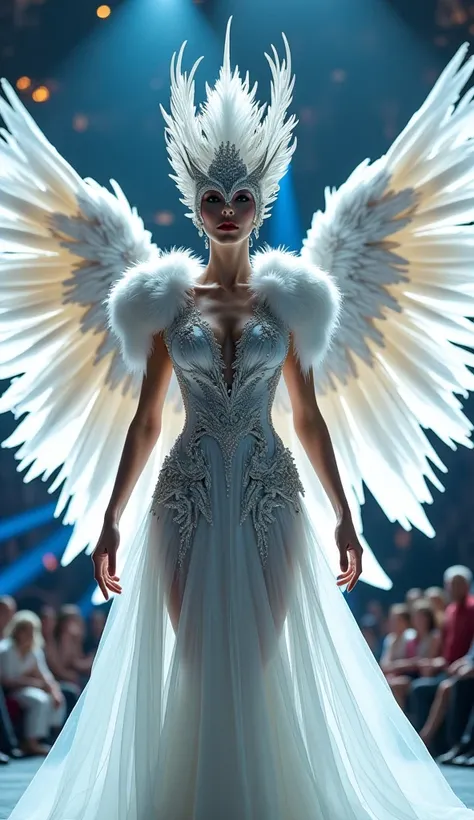 "A majestic woman dressed in a stunning pure white gown with intricate embellishments, embodying a celestial phoenix. She wears a detailed silver bird mask with sharp, elegant features, and her eyes glow with a mystical intensity. Her large, majestic wings...