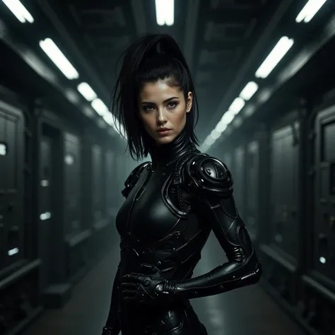  Hanging out in the corridors of the dark ship {x} There is a woman in a biomechanical integral suit,  cyberbunk art hr giger design . Neo figure. Portrait;  hair tied very tight ,  thick black , Well aligned back .  Hanging out in the corridors of the dar...