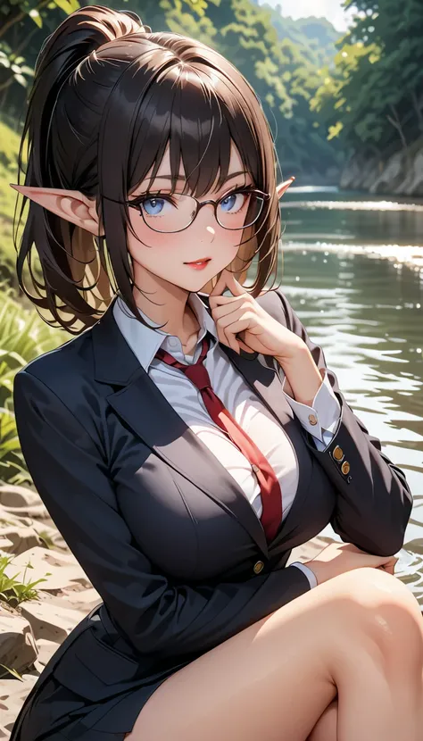 (( Masterpiece)),  top quality,  SUPER DETAILS,  high resolution,  extremely detailed CG integrated 8K wallpaper, HQ_HDR, ( deep depth of field on the riverbank), (((wear glasses))), ( attractive female teacher with big breasts beckoning for her seat, Elf ...