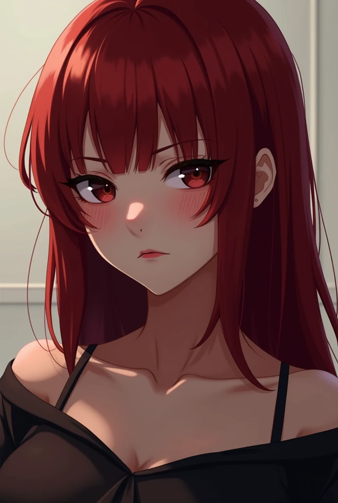 half-body, more dark red hair anime girl with smug face
