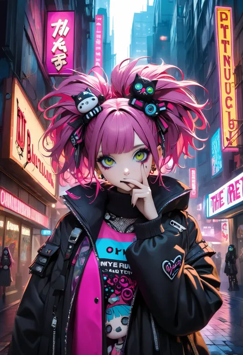 High Definition, masterpiece, Accurate, top quality, High Definition model, high detail, (((The textures are soft))), ((matte and toy-like with a handmade premium look)), (((Tim Burton style))), Dark, Cyberpunk girls, ((v over mouth)), Pop costumes inspire...