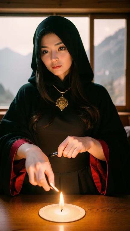 (( facing forward:1.5)),Female fortune teller.  attractive, Beautiful and mysterious. She wears a black cloak and 、It has distinctive features. The atmosphere is bright and shining, Filled with anxiety and anticipation. The fortune teller is standing there...