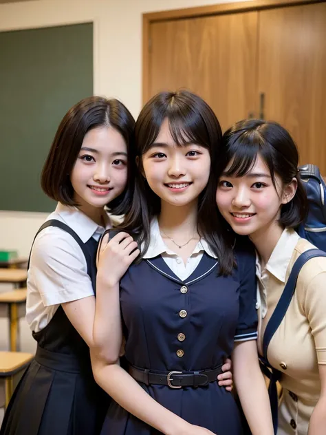 ( HD)、( high quality)、( short hair)、(tight, short-sleeved dress)、(Collared dress)、( dress with buttons on the chest)、( two Japanese girls )、(Big Breasts:1.5)、(smile:1.3)、(Young face:1.4)、( are small:1.4)、(uniform:1.3)、(Breast bag:1.3)、(It is shown that the...