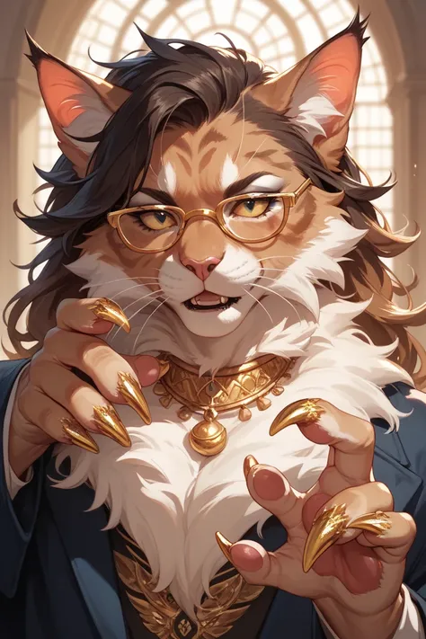 Huge Cat, black, with gold glasses, golden claws, studies alchemy 