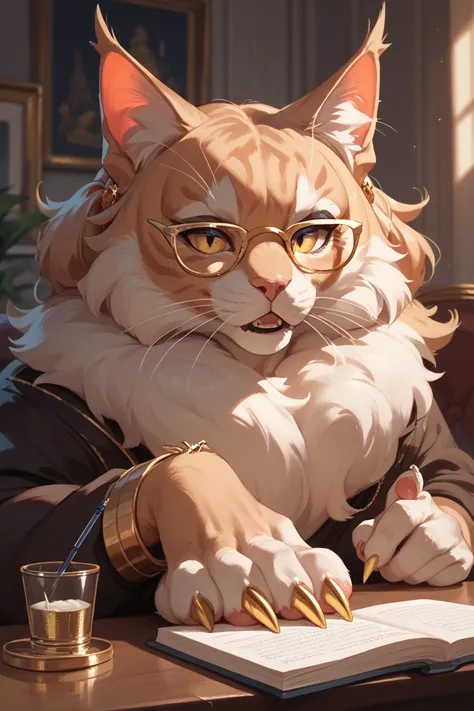 Huge Cat, black, with gold glasses, golden claws, studies alchemy 