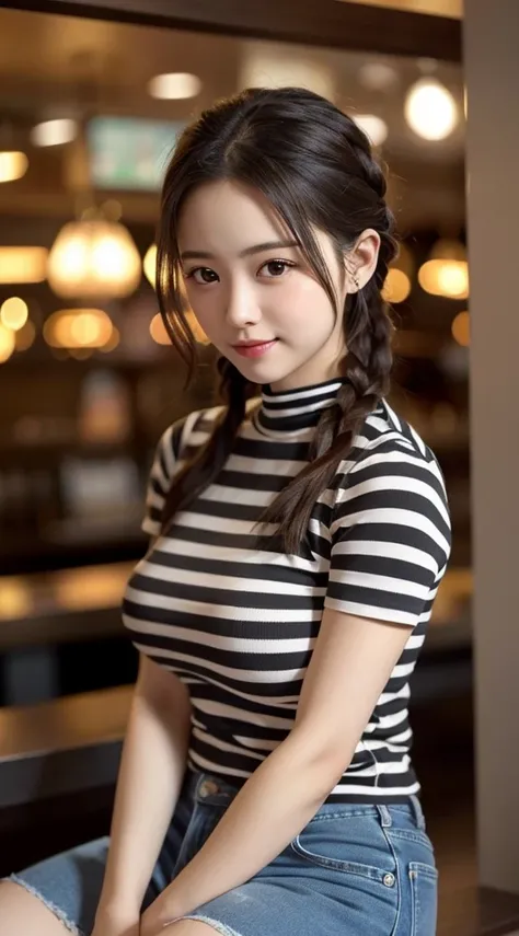    beautiful girl,   Portrait of a pretty girl with a very pretty and detailed face   ,    laugh shyly, Deep Valley), ((With the camera behind))、(彼女は   I'm riding on top of my big boobsをしている、(   black and white stripes   )High neck ribbed knit T-shirt.   d...