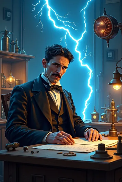 "A realistic and detailed illustration of Nikola Tesla in his laboratory, surrounded by electric coils, blue lightning, and futuristic invention prototypes. He is wearing a classic 19th-century suit with a vest and bow tie, sitting at a wooden desk filled ...