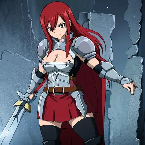 Erza Scarlet, Long Hair, Red Hair, Hair Between Eyes, Brown Eyes, Outfit: Skirt, Thighhighs, Cleavage, Boots, Belt, Sword, Cape, Armor, Gaunlets, Armored Boots, Greaves, Knight, 