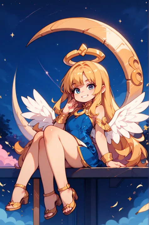  Masterpiece,  top quality,  amazing quality,   so aesthetic ,  high resolution,  Super Detail,   is ridiculous, Starry sky background、Big Crescent Moon、 1 girl( very young、Sitting on the moon)、 Golden Hair (Angel、 long、 straight hair、Big feather)、 kind sm...