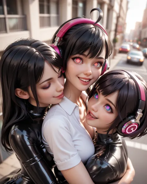  3 girls standing in the city , ahoge,   black hair , smile,  lens reflection ,   reflecting light  ,  latex polo shirt in extremely tight, shiny rainbow colors , Spiral eyes, corset,from above,  hug,saliva, salivafluss, salivaspur, kiss, headphones 