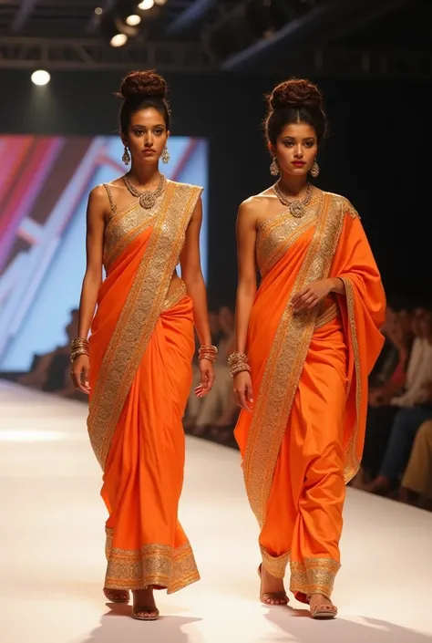 Two elegant cats walking down a fashion runway, wearing traditional orange sarees with intricate golden embroidery. They are adorned with matching jewelry, including necklaces, bangles, and earrings. Their makeup is flawless, with beautifully lined eyes an...