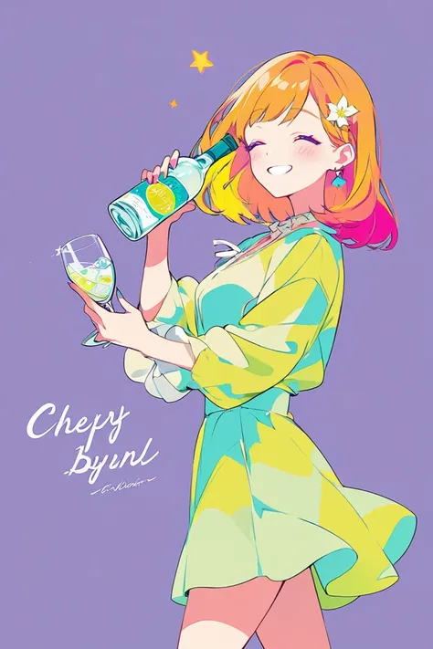 Holding a bottle of gin in one hand, woman,  plain background ,  flat illustration , cheers, smile, drunk, Holding a glass,  vivid color , colorful style, fullbody