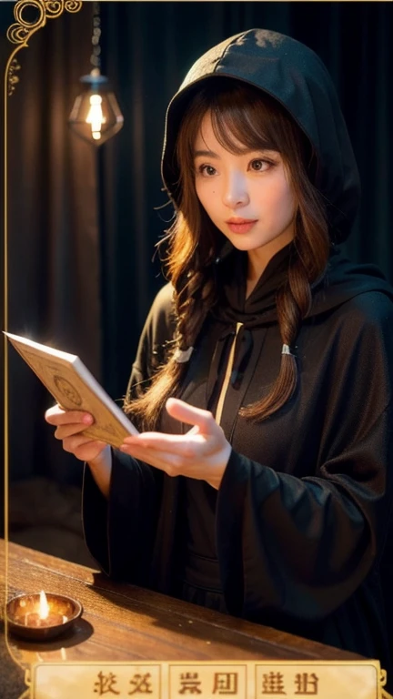 The background is a starry sky、 facing the front,Female fortune teller.  attractive, Beautiful and mysterious. She wears a black cloak and 、It has distinctive features. The atmosphere is bright and shining, Filled with anxiety and anticipation. The fortune...