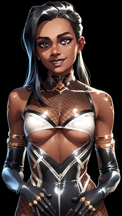 one woman, mel, (black eyes:1.2), long hair, black hair, (upper body:1.3), black skin, (black background, clear background:1.5), (studio lights, deep shadows:1.3), (small chest, bare shoulders, slender body:1.3), (fishnet bodysuit, fishnet long gloves, und...