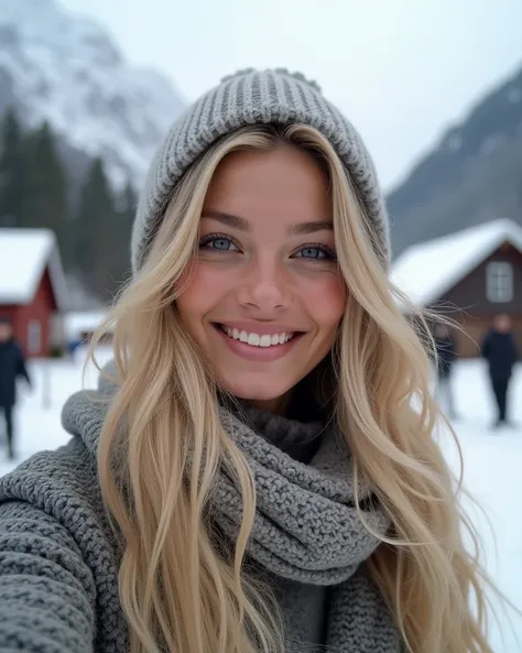 Create a stunning blonde woman with long wavy hair, dressed up in winter clothing in a village in Norway, smiling looking into the camera, taking a selfie realistic, photorealistic, high resolution, detailed,