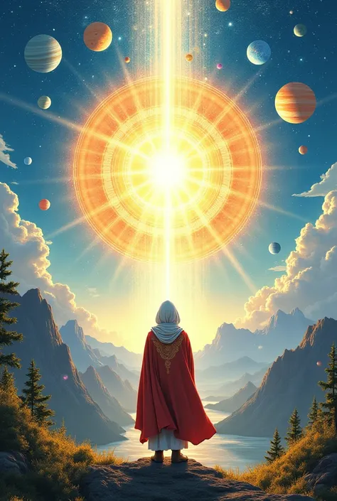  Generate an image that represents the power of the mind in the manifestation of reality.  It may be an illustration of a small being with bright light in the background the little being wears a cloak with white hoodies with red and gold, The being looks l...