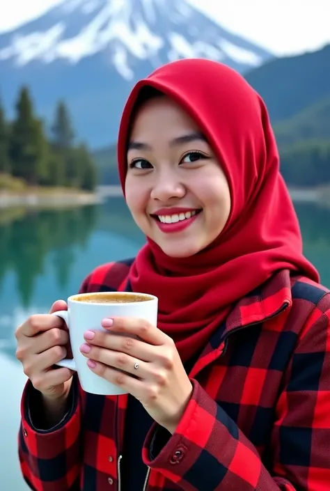 Photo of a beautiful Indonesian woman , glowing and radiant face  , 23 years old . In bright red hijab , wearing a jacket k a bright red and black checkered pattern  , posing in front of the table there is a fried chicken  , fried rice  .  Holding a cup of...